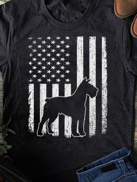 Women's Graphic T-Shirt American Flag With Dog Silhouette And Distressed Vintage Lines