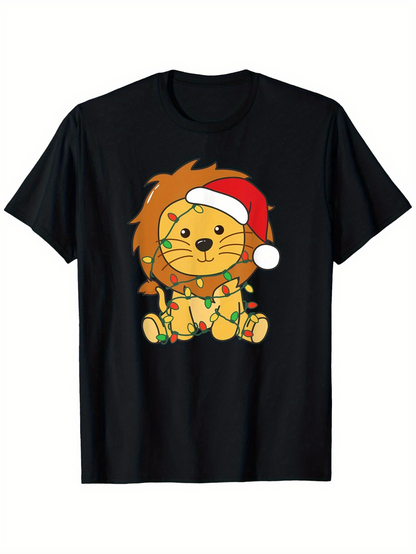 Men's Graphic T-Shirt Festive Holiday Lights And Cheerful Plush Lion Wearing Santa Hat