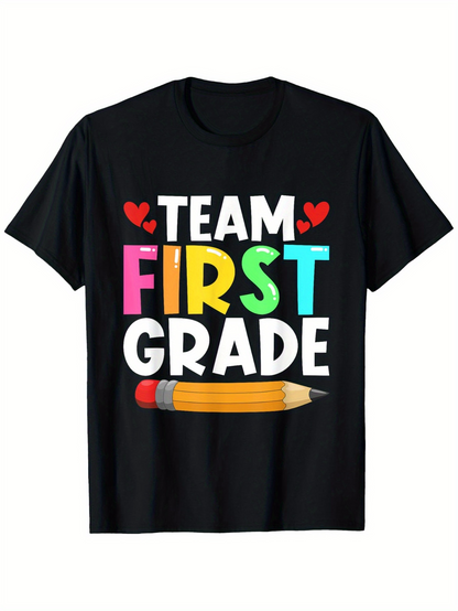 Men's Graphic T-Shirt Team First Grade Colorful Playful Letters With Red Hearts And Yellow Pencil