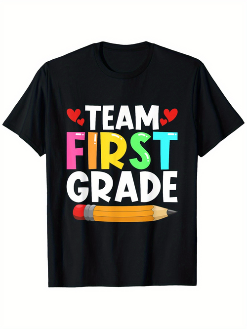Men's Graphic T-Shirt Team First Grade Colorful Playful Letters With Red Hearts And Yellow Pencil