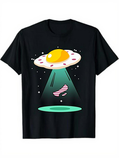 Men's Graphic T-Shirt Cartoon Light Beams With Alien Egg Saucer Abducting A Striped Cow