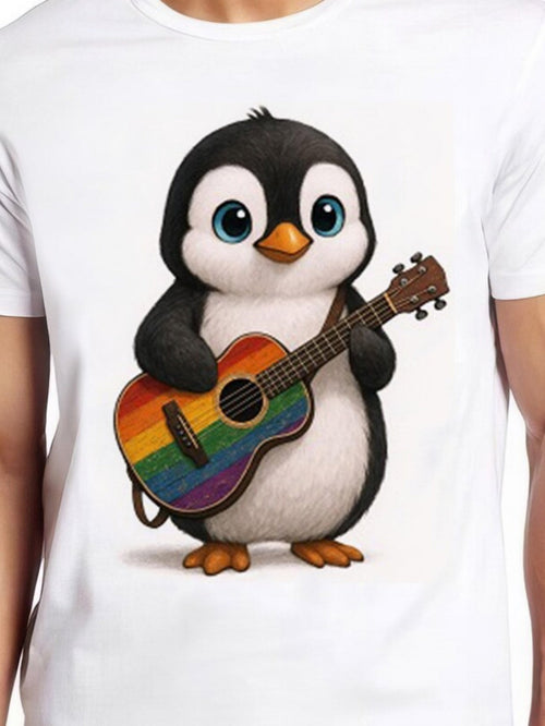 Men's Graphic T-Shirt Rainbow Guitar With Adorable Cartoon Animal Penguin