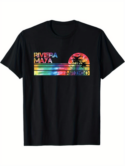 Men's Graphic T-Shirt Riviera Maya Mexico Sunset Lines With Palm Trees And Birds