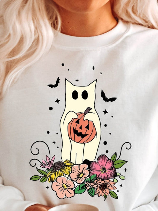 Women's Graphic T-Shirt Whimsical Halloween Spirit With Pumpkin Flowers And Starry Ghost