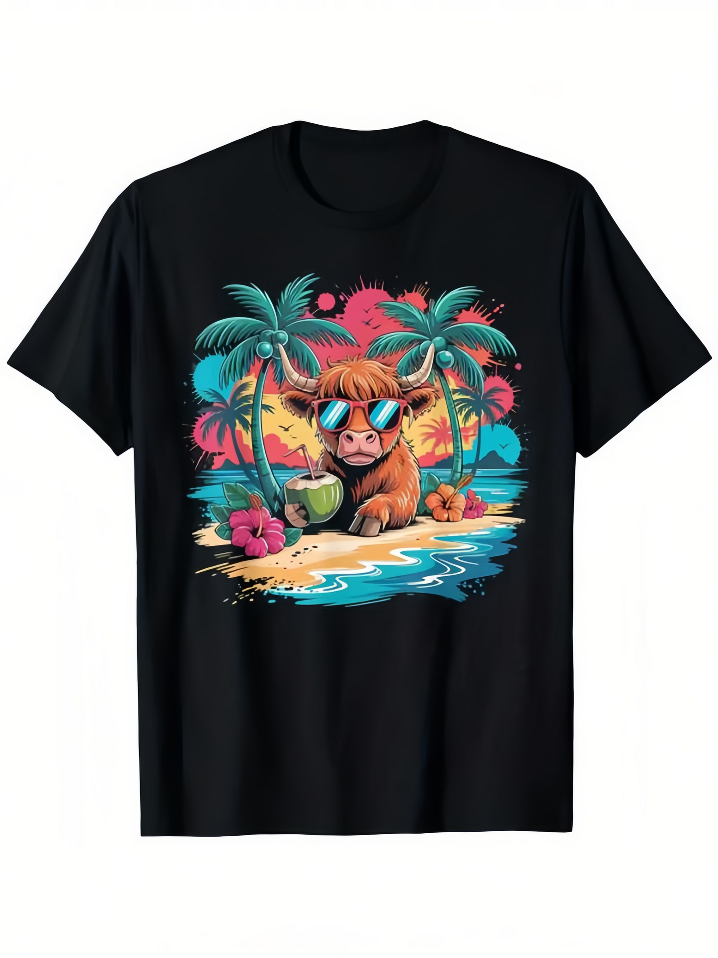 Men's Graphic T-Shirt Tropical Island Vacation With Sunglasses Cow Relaxing Under Palm Trees Beach