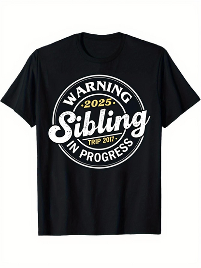 Men's Graphic T-Shirt Warning Sibling In Progress With Vintage Badge Emblem Typography Graphic T Shirt