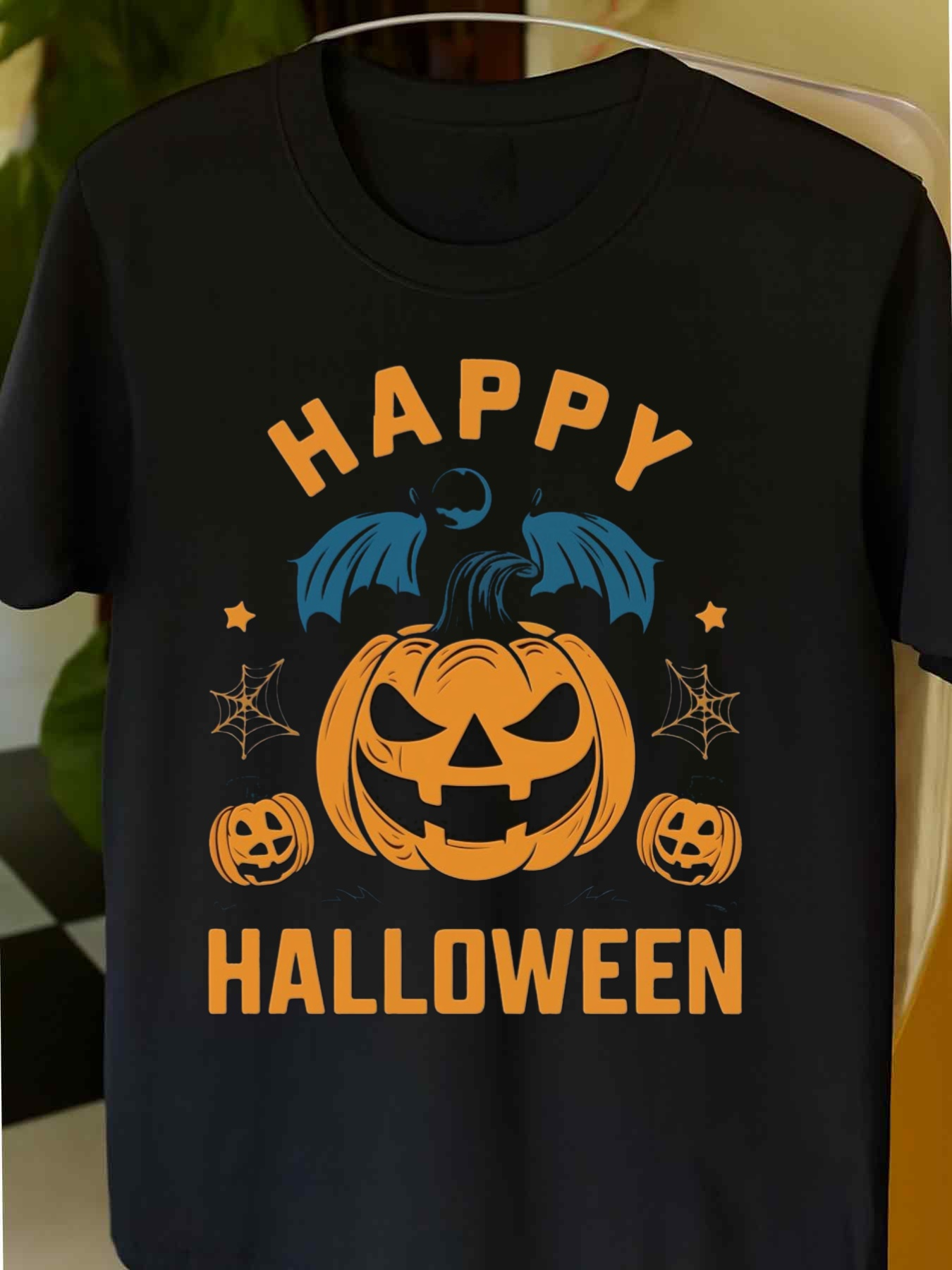 Men's Graphic T-Shirt Happy Halloween With Spooky Jack O Lantern Surrounded By Flying Bat