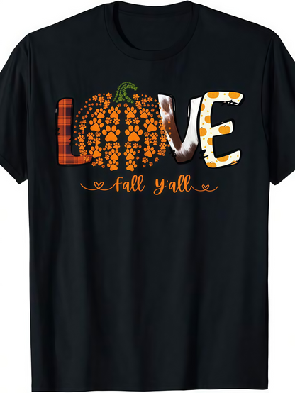 Men's Graphic T-Shirt Fall Yall Plaid Patterned Pumpkin Surrounded By Flowers Black T Shirt