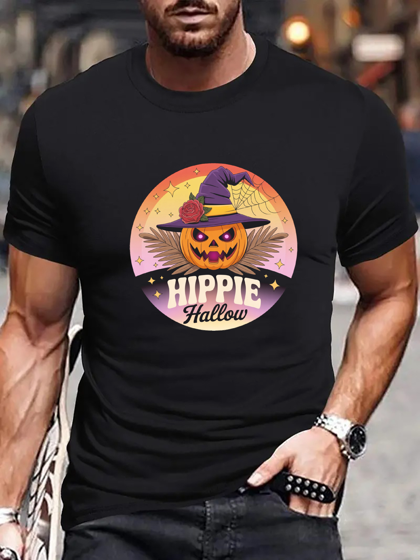 Men's Graphic T-Shirt Hippie Hollow Smiling Jackolantern With Witch Hat Surrounded By Retro Sunset