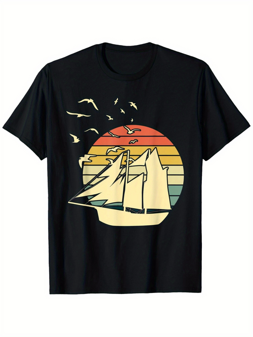 Men's Graphic T-Shirt Sunset Horizon With Soaring Birds Over Majestic Sailing Ship
