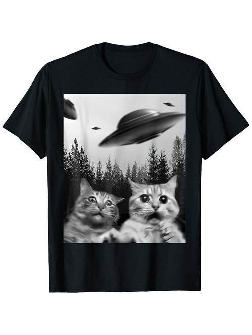 Men's Graphic T-Shirt Surprised Cats Staring Up At Flying Saucers In Forest Night Sky