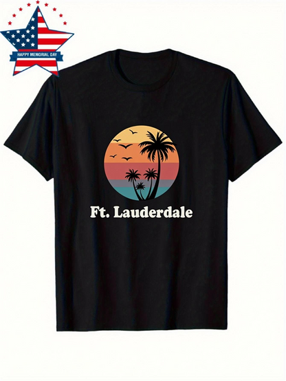 Men's Graphic T-Shirt Ft Lauderdale Sunset Sky With Flying Birds Silhouetted Palm Trees