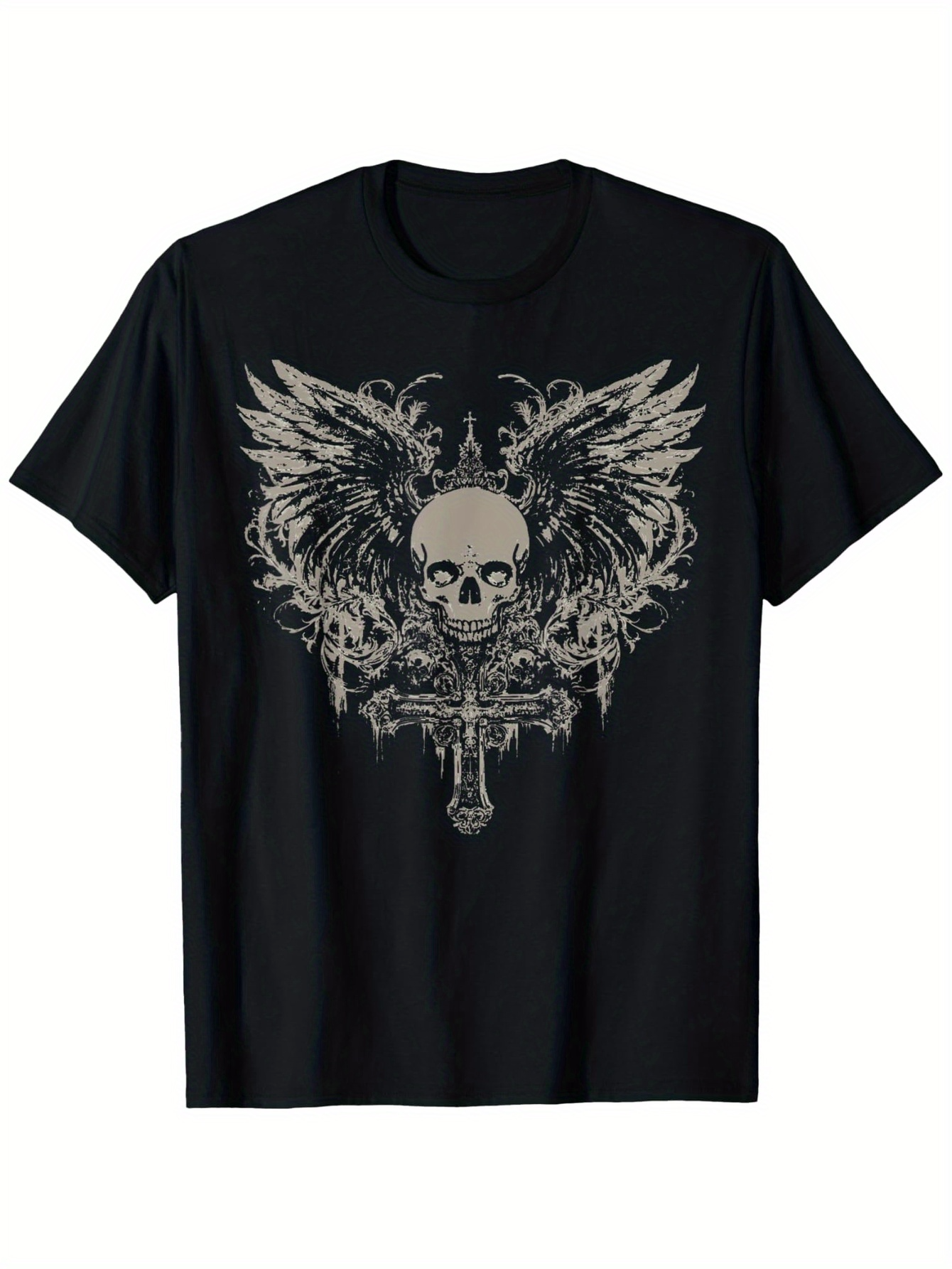 Men's Graphic T-Shirt Dark Angelic Wings Surrounding Skull With Ornate Cross Design