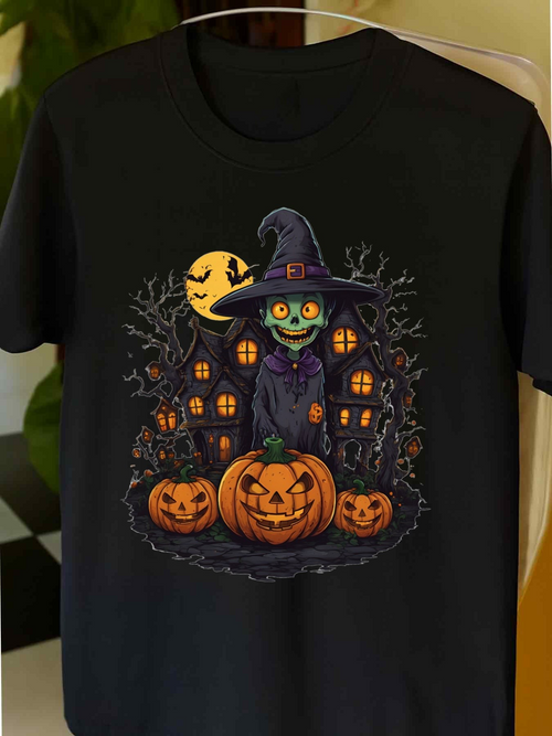Men's Graphic T-Shirt Full Moon Haunting With Glowing Pumpkins And Enchanted Witch Cat