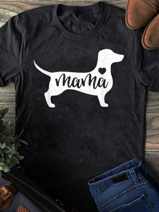 Women's Graphic T-Shirt Mama Script Among Silhouette With Heart Inside Dog