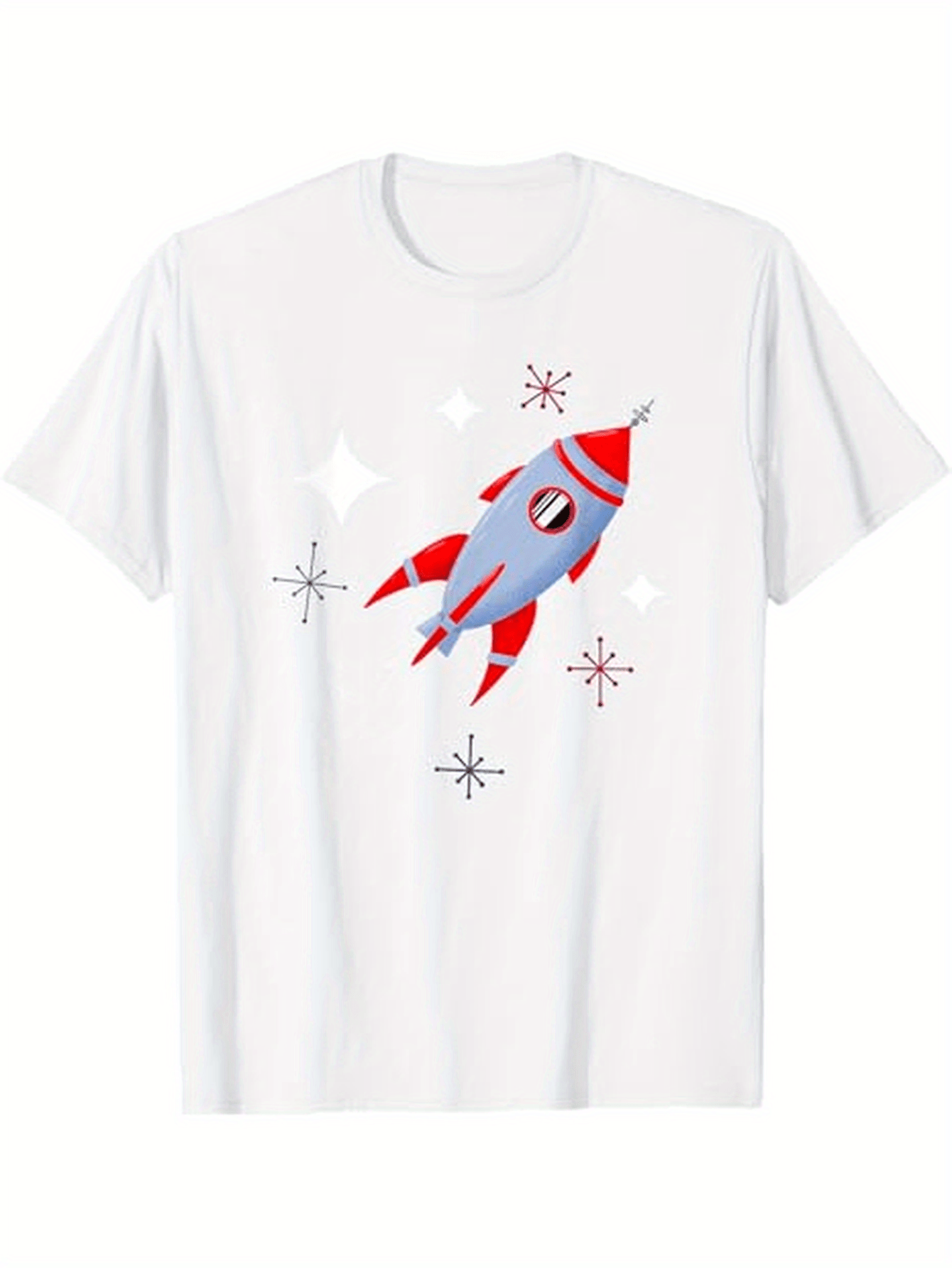 Men's Graphic T-Shirt Retro Red Accents With Whimsical Stars Featuring Playful Cartoon Rocket