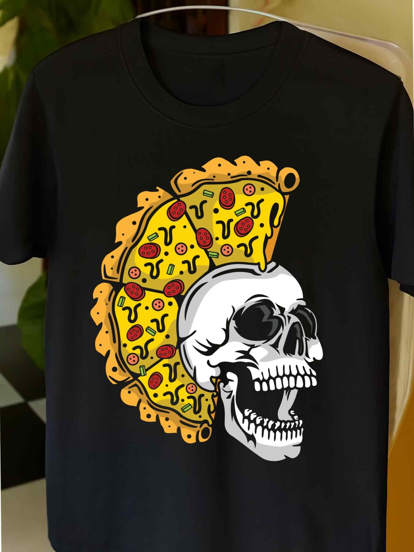 Men's Graphic T-Shirt Melted Cheese Pizza Wedge Crown Worn By Smiling Human Skull