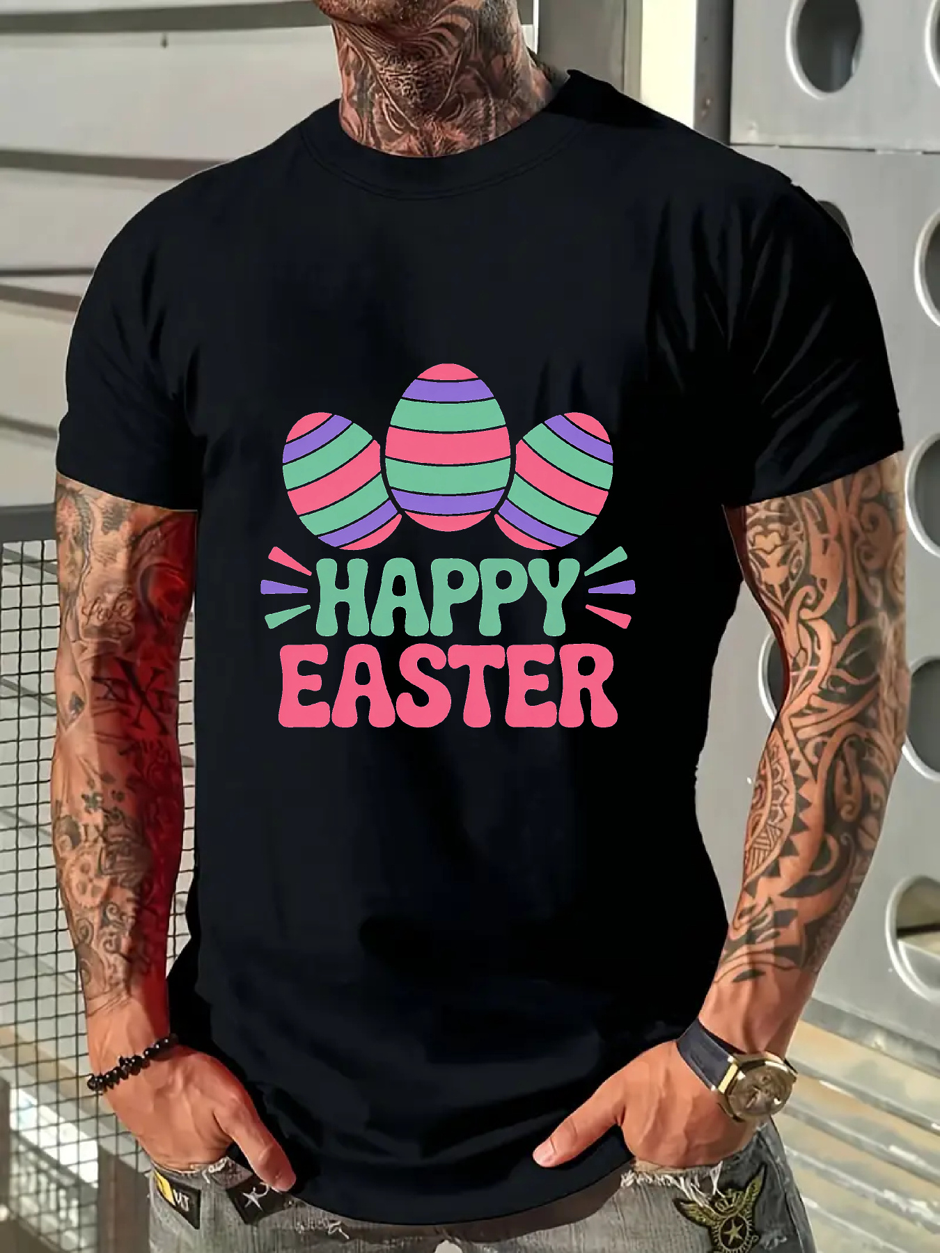 Men's Graphic T-Shirt Happy Easter Colorful Striped Eggs With Festive Vibrant Holiday Design