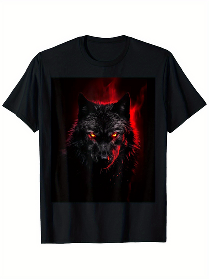 Men's Graphic T-Shirt Glowing Red Energy Surrounding Fierce Black Wolf Face