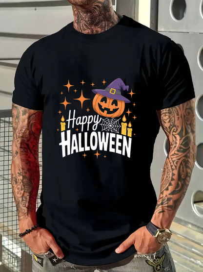 Men's Graphic T-Shirt Happy Halloween Pumpkin With Purple Witch Hat Among Floating Candles