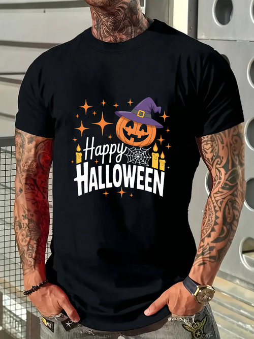 Men's Graphic T-Shirt Happy Halloween Pumpkin With Purple Witch Hat Among Floating Candles