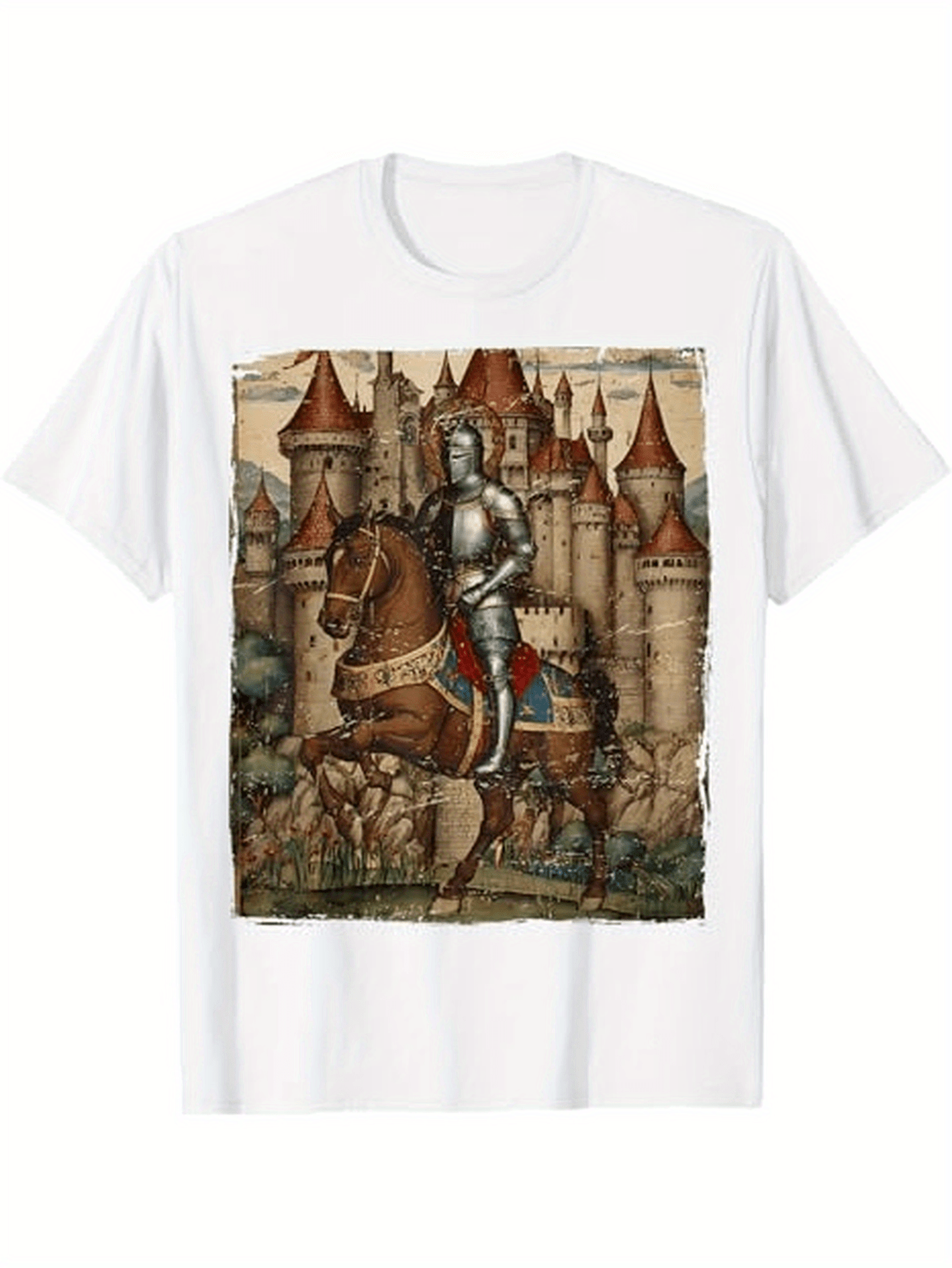 Men's Graphic T-Shirt Medieval Castle With Armored Knight On Horseback Surrounded By Ancient Stone Walls