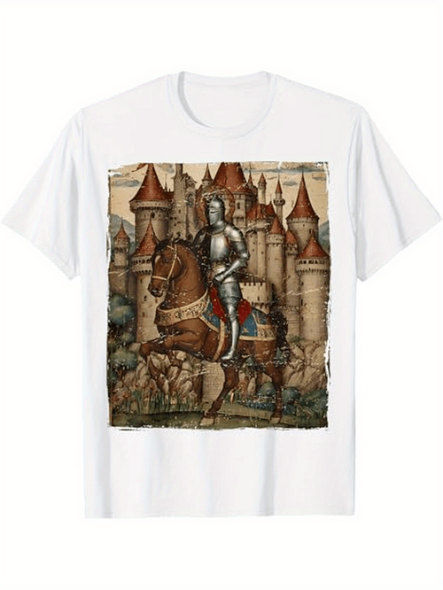 Men's Graphic T-Shirt Medieval Castle With Armored Knight On Horseback Surrounded By Ancient Stone Walls