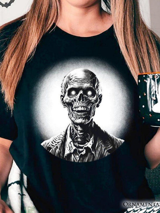 Women's Graphic T-Shirt Dark Aura Skeleton With Glowing Eyes Emanating Frightful Energy Under Spotlight Skeleton