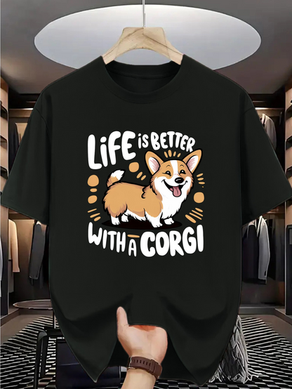 Men's Graphic T-Shirt Life Is Better Surrounded By Smiling Cartoon Corgi Dog
