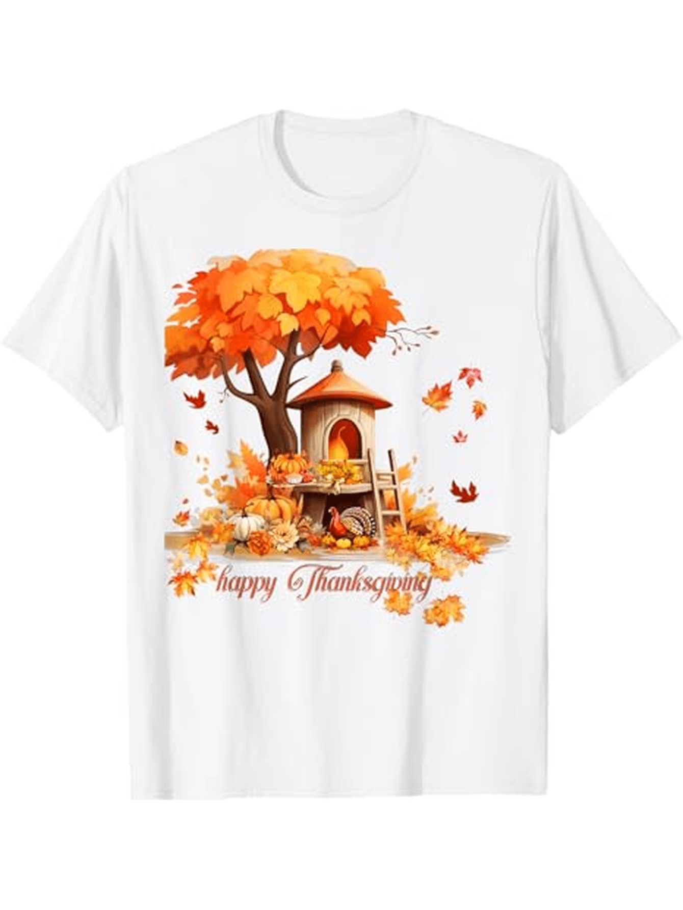 Men's Graphic T-Shirt Happy Thanksgiving Autumn Leaves With House And Harvest Pumpkin