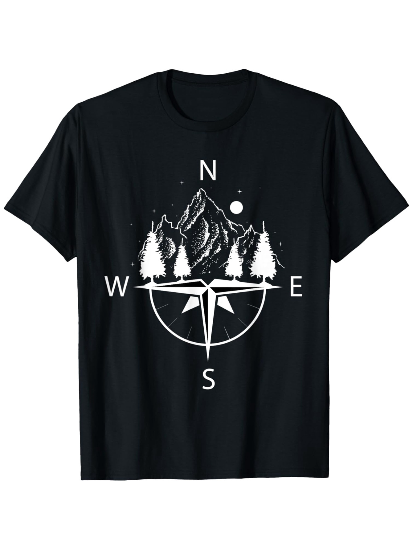 Men's Graphic T-Shirt Compass Rose With Snow Covered Pines And Majestic Mountain Under Moonlight