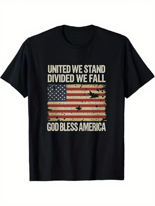 Men's Graphic T-Shirt United We Stand Divided We Fall God Bless America Vintage American Flag With Faded Battlefield Effects