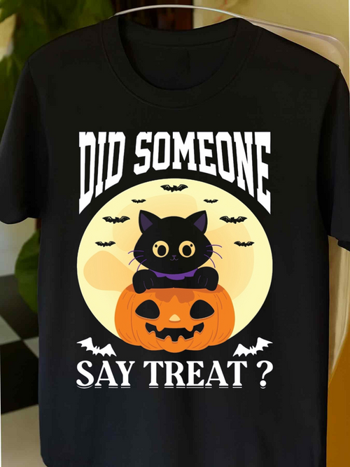Men's Graphic T-Shirt Did Someone Say Treat Cute Cat Sitting On Pumpkin Under Full Moon