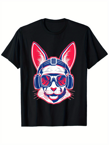 Men's Graphic T-Shirt Neon Headphones With Retro Sunglasses Wearing Rabbit