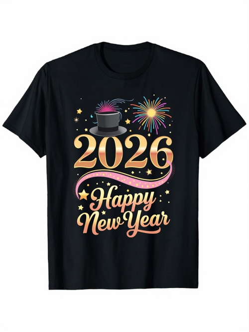Men's Graphic T-Shirt Happy New Year Festive Fireworks Stars Hat 2026