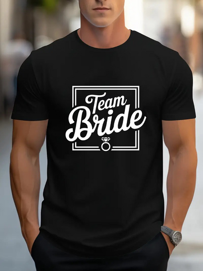 Men's Graphic T-Shirt Team Bride Bold Script Lettering And Wedding Ring Surrounded By Framed Lines