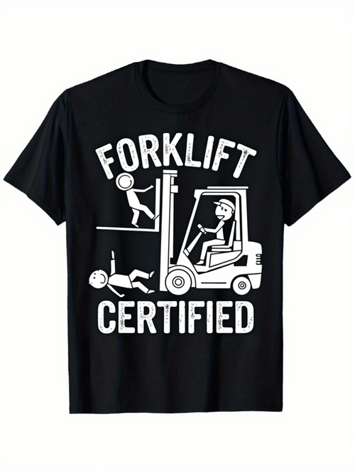 Men's Graphic T-Shirt Forklift Certified Humorous Stick Figure Cartoons With Industrial Scene Forklift
