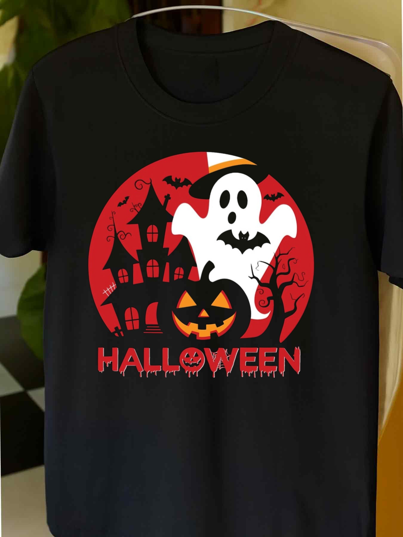Men's Graphic T-Shirt Halloween Night With Ghosts Pumpkins And Haunted House Under Red Moon