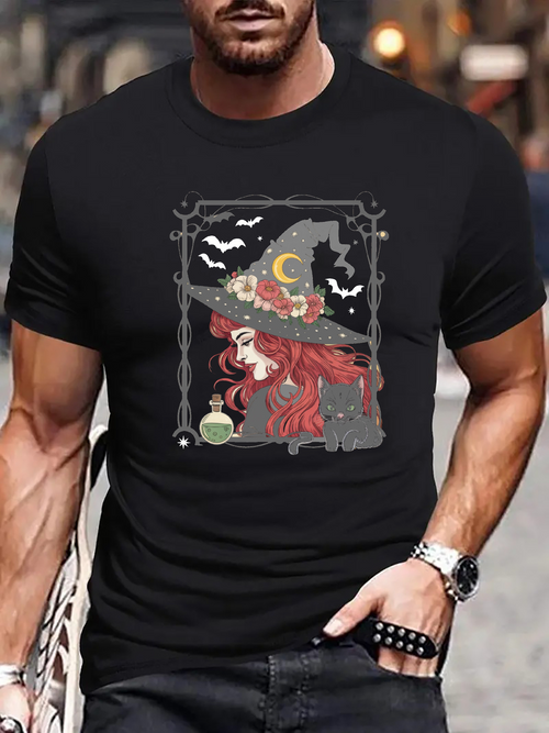 Men's Graphic T-Shirt Autumn Moonlit Night With Bats And Magic Wand Witch
