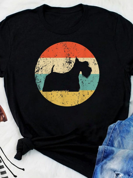 Women's Graphic T-Shirt Retro Colored Stripes With Dog Silhouette In Vintage Circle