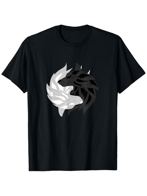 Men's Graphic T-Shirt Black And White Yin Yang Spirit Wolves Surrounded By Flowing Patterns
