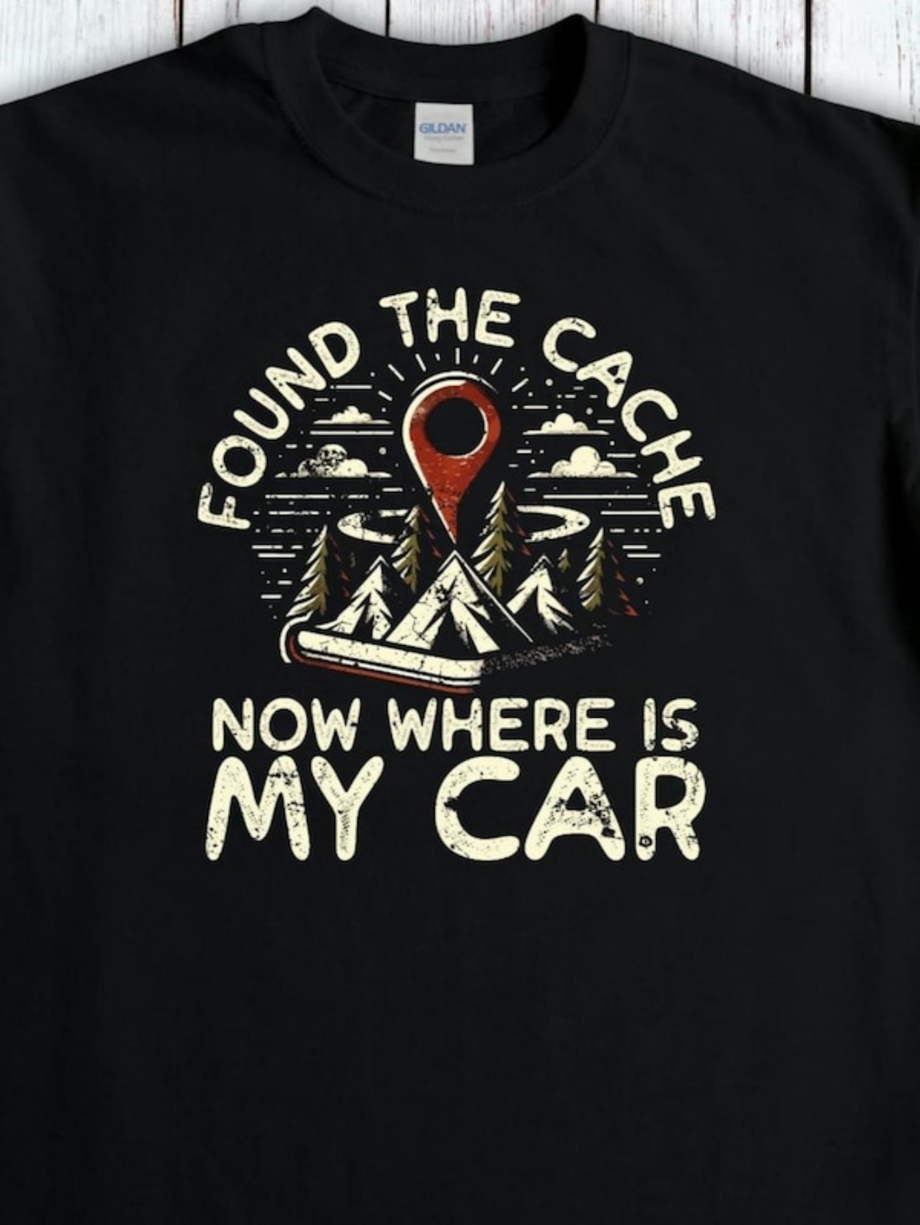 Men's Graphic T-Shirt Found The Cache Funny Quote With Scenic Mountain Forest Mountains