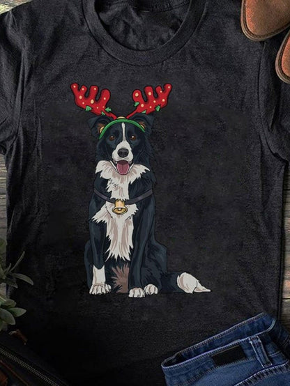 Men's Graphic T-Shirt Winter Holiday Dog With Festive Antlers Sitting Calmly