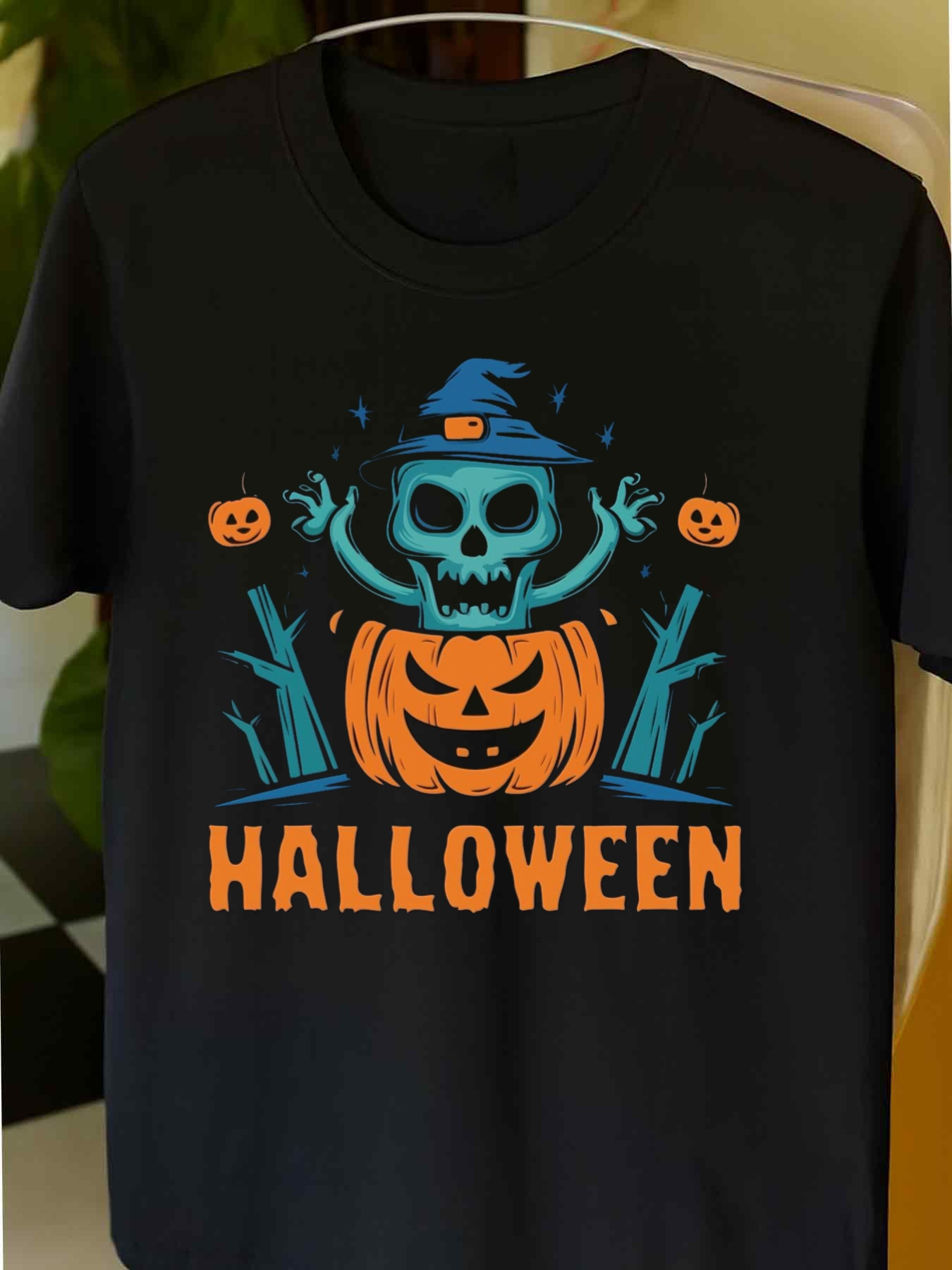 Men's Graphic T-Shirt Halloween Spooky Pumpkins Under Glowing Moon With Witch Hat Skull