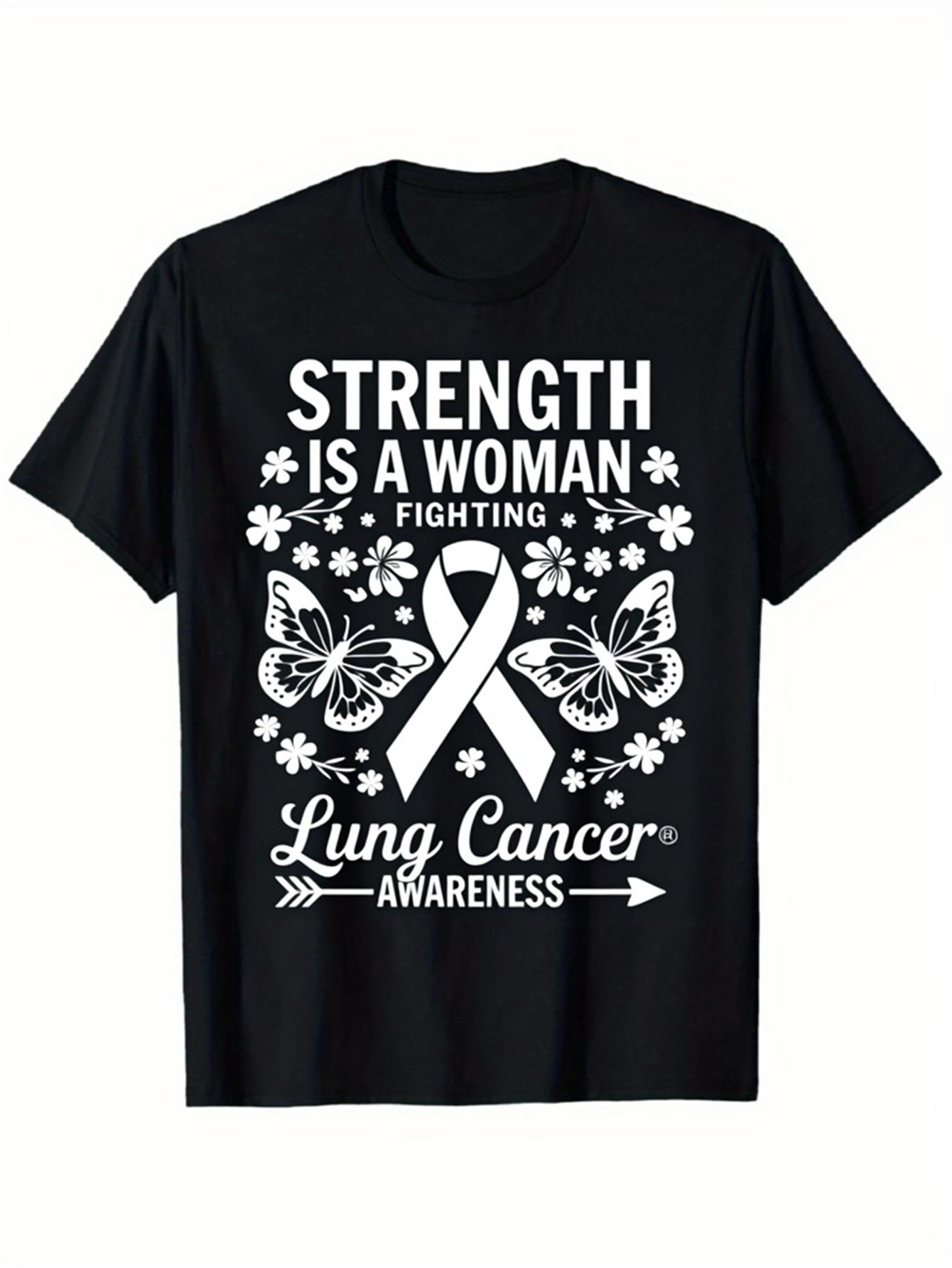 Men's Graphic T-Shirt Strength Is A Woman Ribbon With Butterflies And Floral Elements Among Awareness Symbols T Shirt