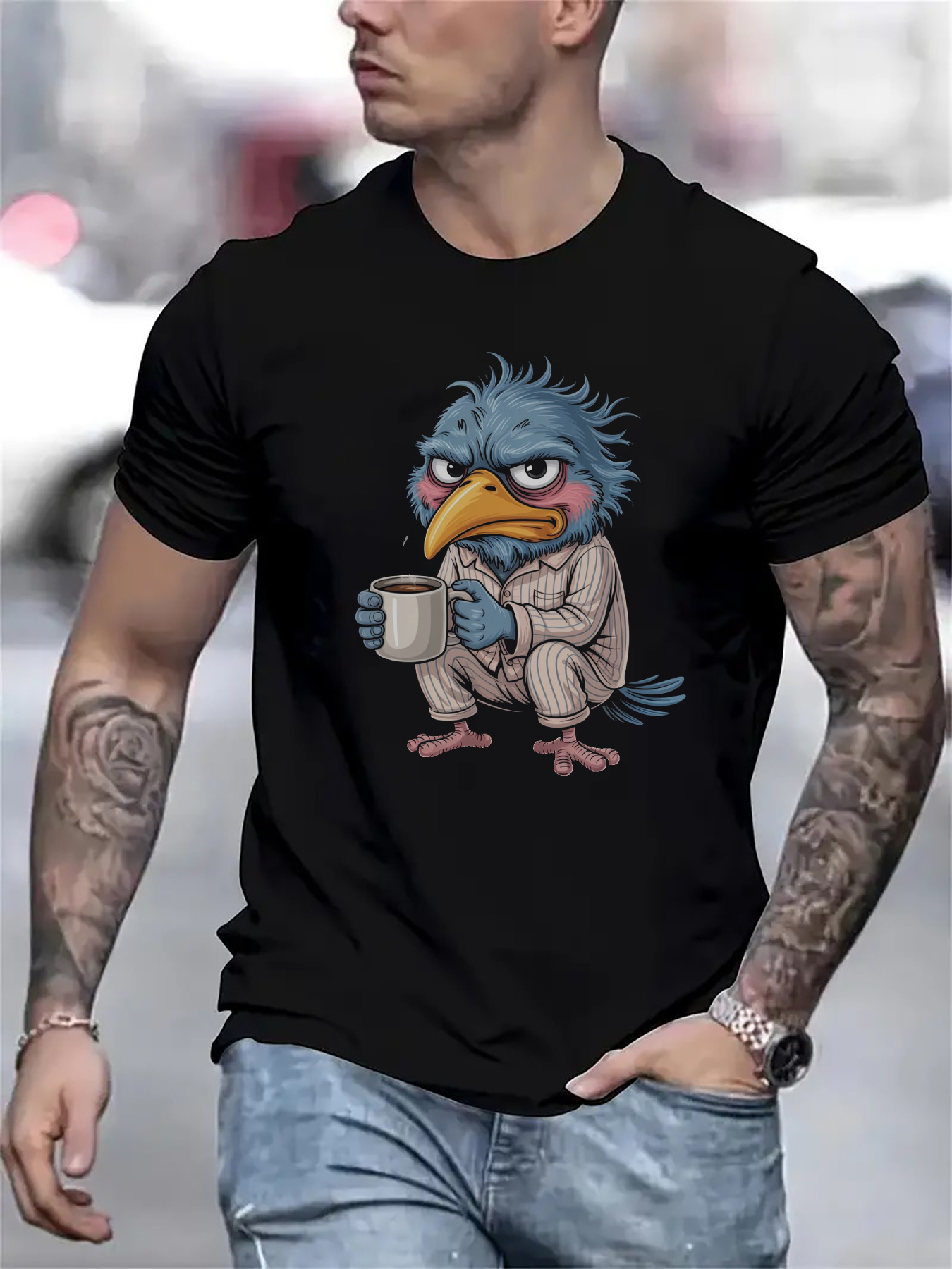Men's Graphic T-Shirt Sleepy Blue Feathered Bird With Coffee Mug Wearing Pajamas Bird