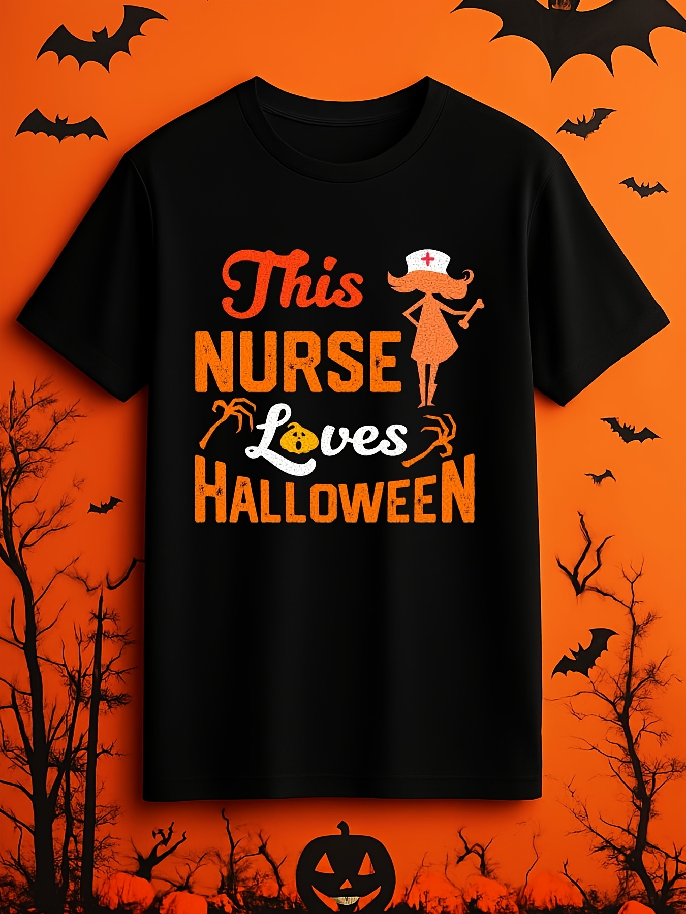Men's Graphic T-Shirt This Nurse Loves Halloween With Cute Witch Hat Among Bats And Pumpkins Nurse