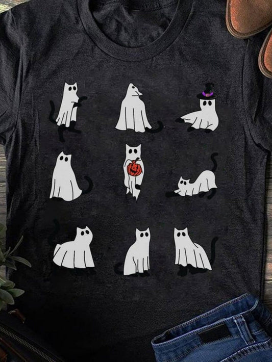 Women's Graphic T-Shirt Cute Ghost Cats With Pumpkin And Witch Hat Black Cat