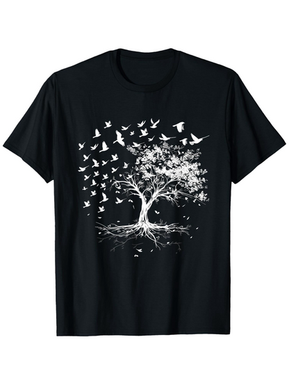 Men's Graphic T-Shirt Monochrome Roots With Flying Birds And Spreading Branches Tree