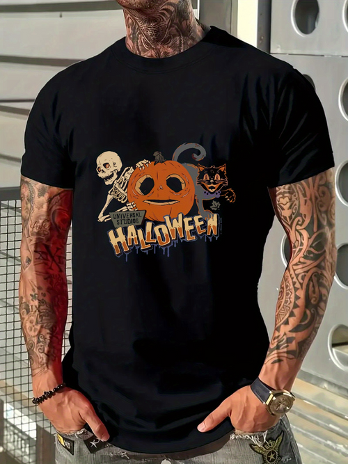 Men's Graphic T-Shirt Halloween Spooky Pumpkin Surrounded By Skeleton And Cat Graphic Shirt
